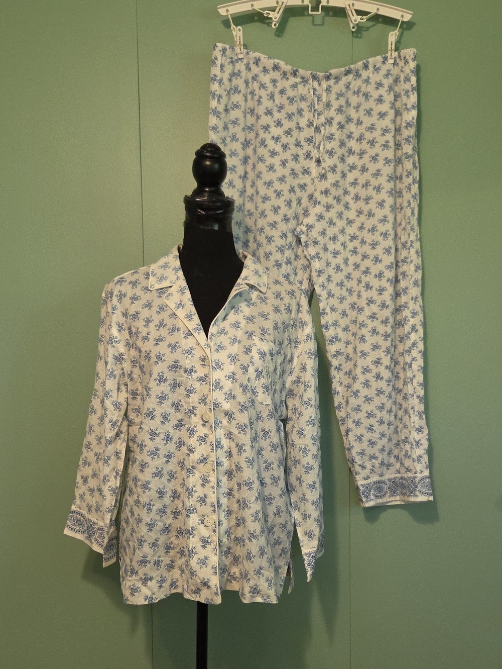 Lauren Ralph Lauren Black Label White And Blue Floral Pajama Set Size Large